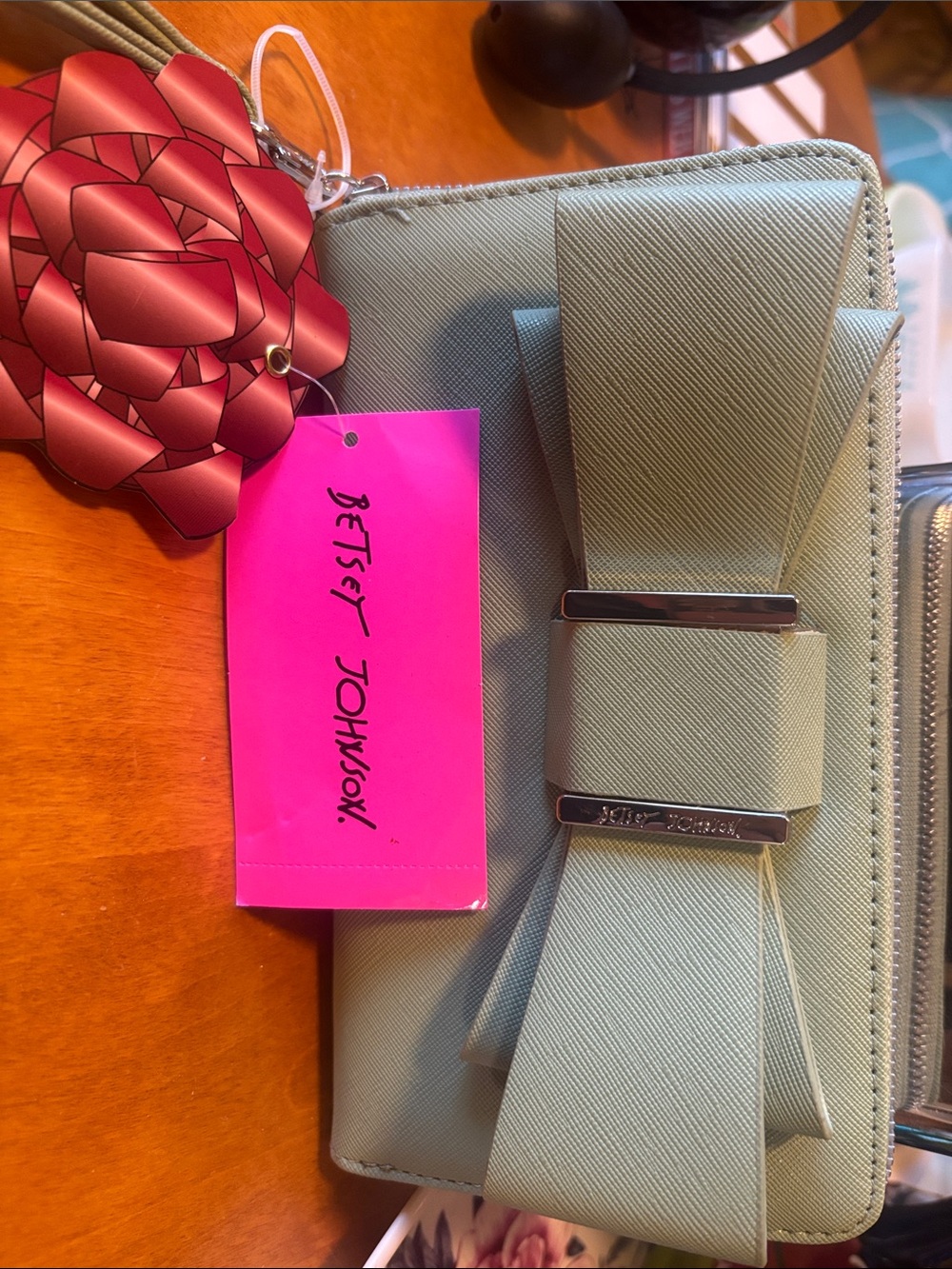 Betsey Johnson Light Sage Green Bow Zip-Around Wallet